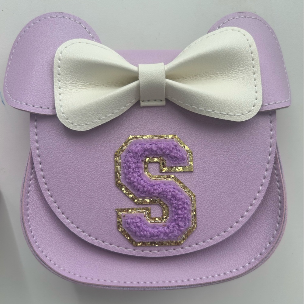 Kids Purple and White Bow Mini Bag with S initial
